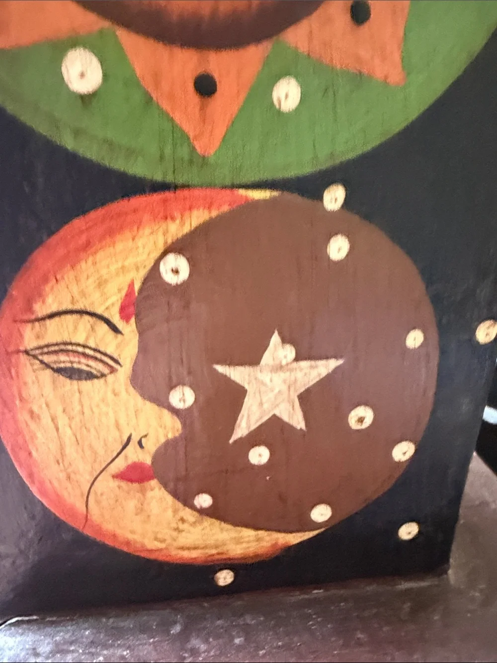 Hand-Painted Bohemian Vintage Wooden Jewelry Cabinet with Sun & Moon